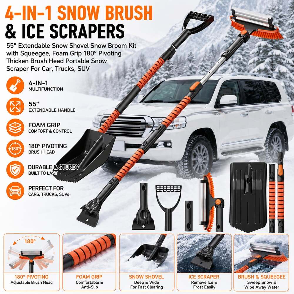 4-in-1 Extendable 55" Snow Shovel, Snow Broom, Squeegee, and Ice Scraper Kit